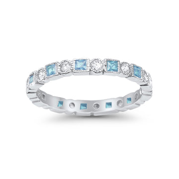 Bezel Set Eternity Ring Alternating Simulated Aquamarine CZ 925 Sterling Silver